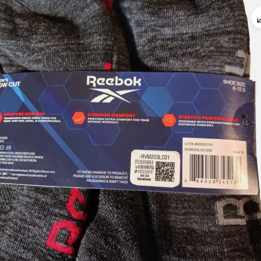 Reebok Men's 6-Pack Size 6-12.5 Performance Low Cut Ankle Socks Black DF - Picture 5 of 5